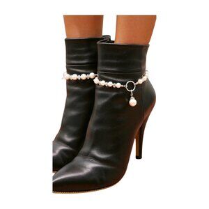 Women Silver Metal Chain Boot Bracelet Shoe Cream Imitation Pearl Charm 2PCS SET